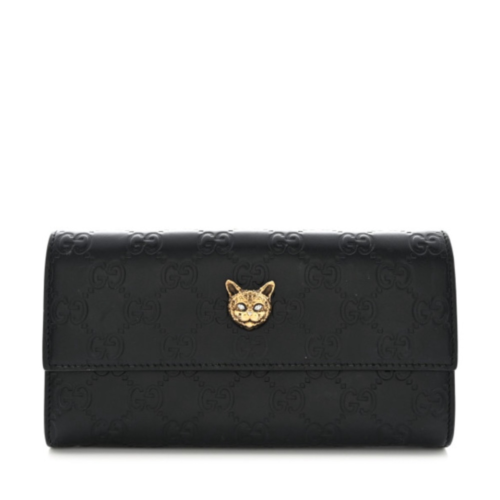 NWT Gucci Guccissima Black Wallet with Signature Cat Crystal gold